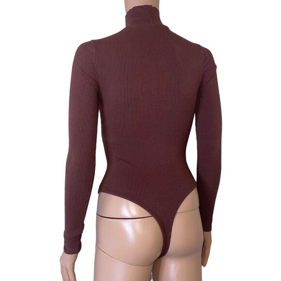 LA LUX dark brown ribbed keyhole chest body suit crotch snap long sleeve SZ SM - Picture 4 of 9